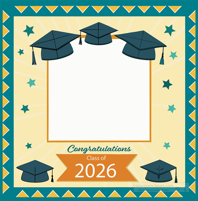 Decorative graduation frame clipart with three mortarboard hats stars and a congratulations class of 2026 banner around an open center space for school celebration designs