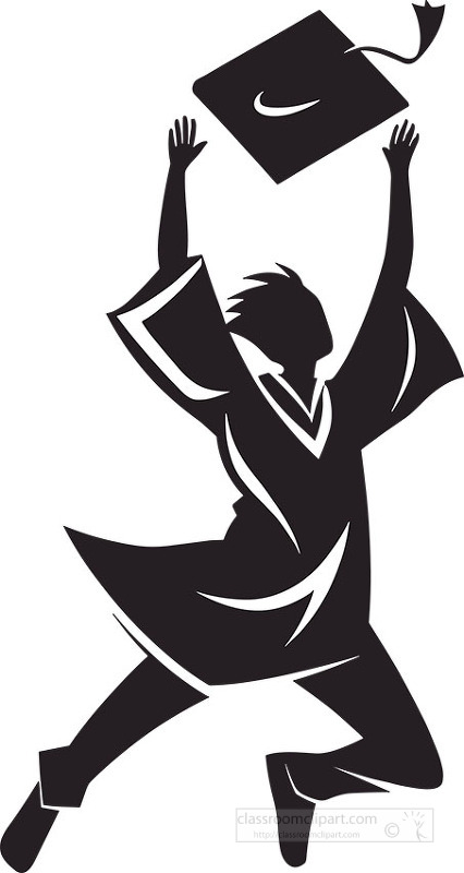Student jumping and throwing graduation cap Black silhouette celebration design