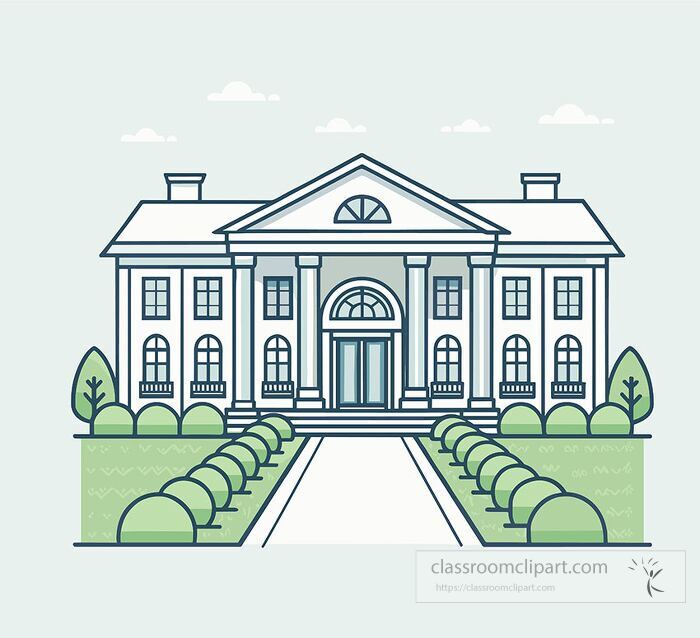 Elegant line art illustration of a grand mansion with large columns steps and manicured front lawn
