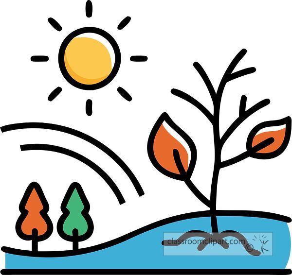 A colorful illustration depicting a sunny landscape with a tree, two smaller trees, and a river