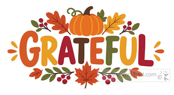 Colorful grateful lettering surrounded by pumpkin leaves berries and autumn branches for Thanksgiving decor