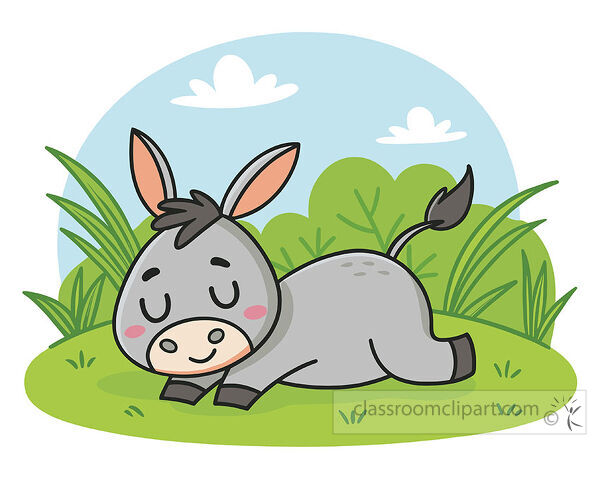 clipart gray donkey with closed eyes lies sleeping in green grass with tall plants bushes and clouds behind it