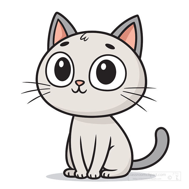 Small gray kitten sitting with oversized black eyes pink ears and a curved gray tail