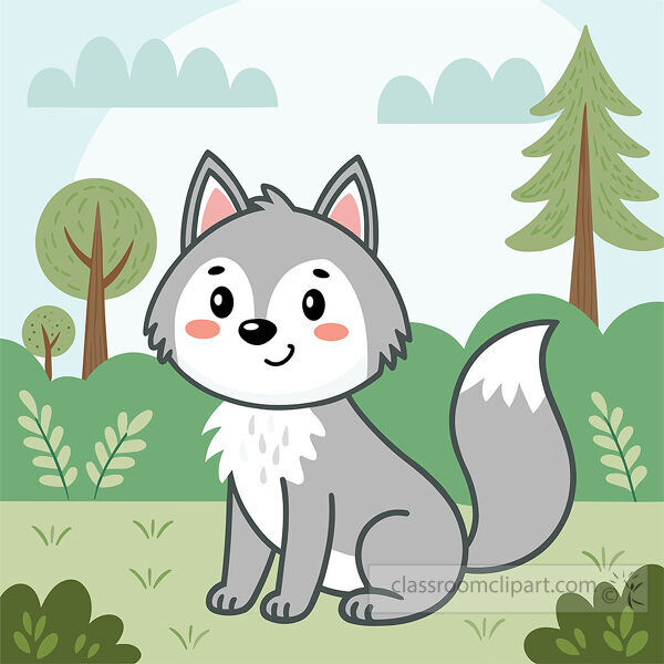 Gray wolf sitting clipart in a forest with a white chest fluffy tail trees bushes and a soft sky