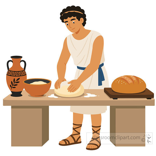 Ancient Greece baker kneading dough at a table with a clay amphora mixing bowl flour and baked bread loaf