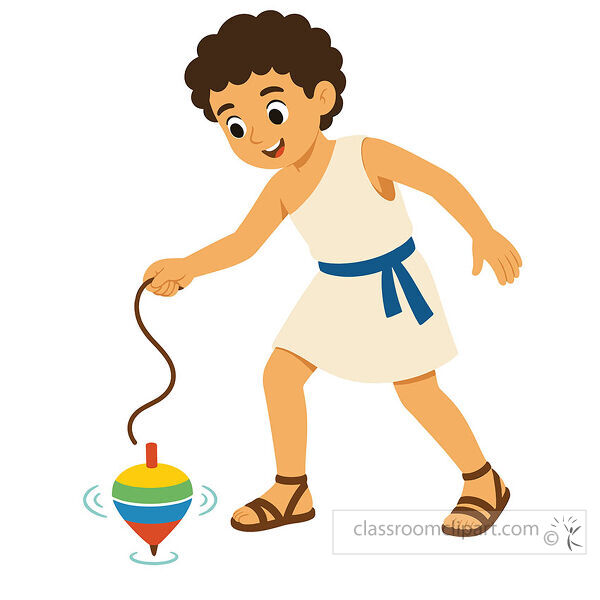 Ancient Greece boy leaning forward with a string while playing with a colorful spinning top toy