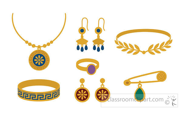 Ancient Greece jewelry set with gold necklace earrings laurel headband bracelet ring and decorative pin