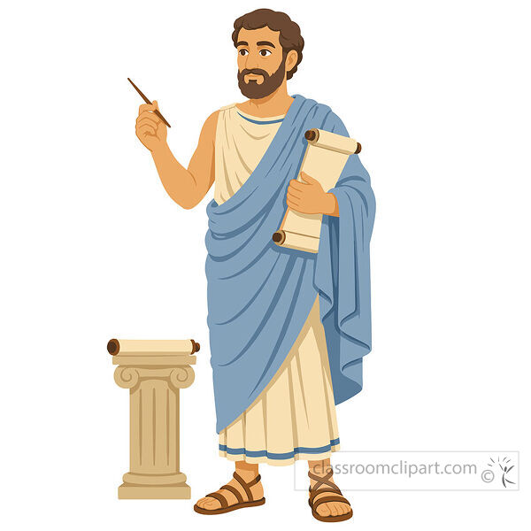 Ancient Greece scholar in blue robes holding a scroll and stylus beside a small column
