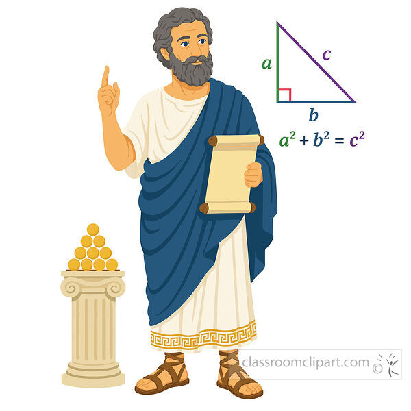 Ancient Greece scholar in blue robes holding a scroll beside a right triangle and Pythagorean theorem formula