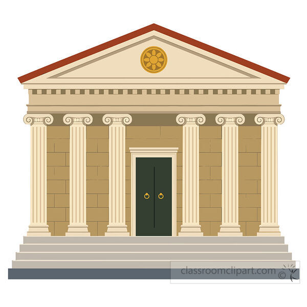 Ancient Greek temple with front steps tall columns stone walls and triangular roof