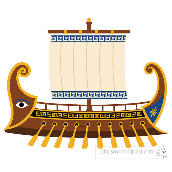 Ancient Greece trireme with a cream sail curved wooden hull blue gold details and rows of oars