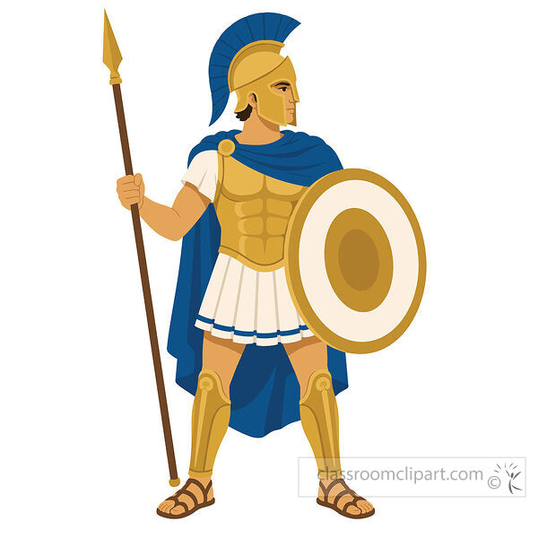Ancient Greece warrior in gold armor with a blue cape helmet spear and round shield standing in a defensive pose