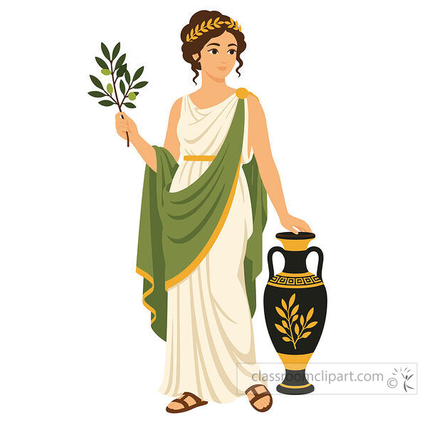 Ancient Greece woman in white robes with a green drape holding an olive branch beside a black amphora