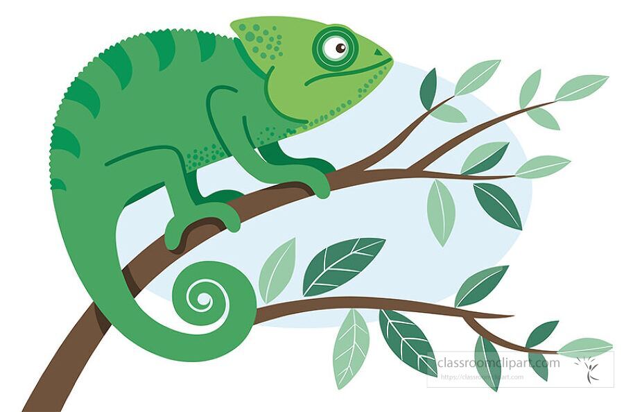 playful cartoon vector illustration of a bright green chameleon, great for reptile-themed or nature educational materials