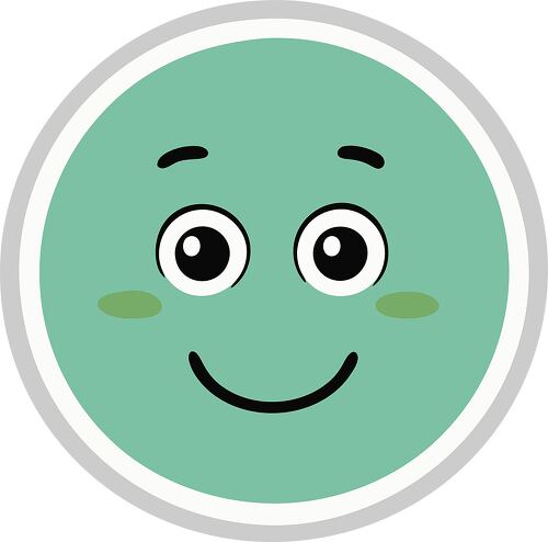 A simple green emoji icon with a soft smile and friendly eyes symbolizing calmness and kindness