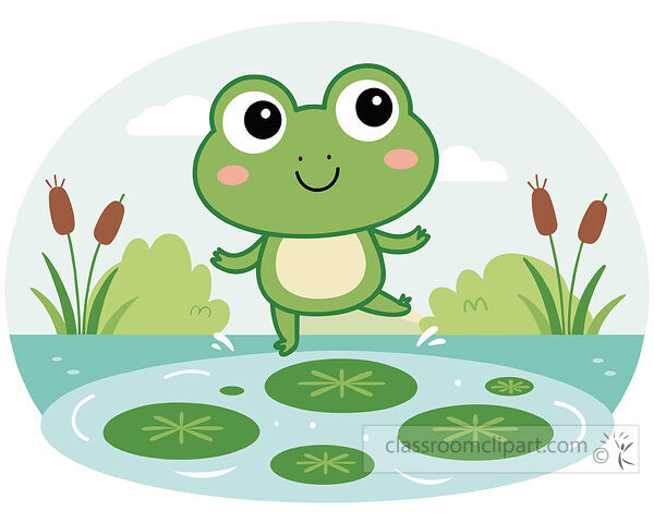smiling green frog clipart jumps above lily pads in a pond with cattails and bushes in the background