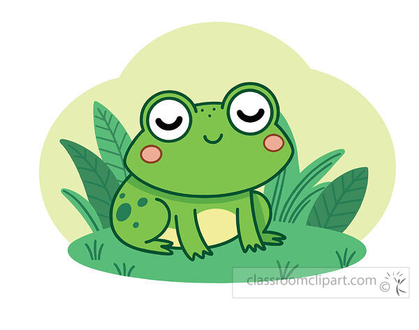 green frog with closed eyes sits on grass surrounded by leafy plants and a pale green background clipart