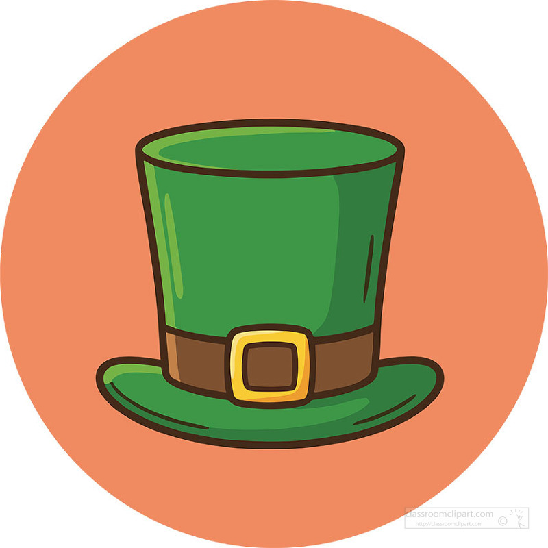 Tall green top hat with brown band and gold buckle on orange circle
