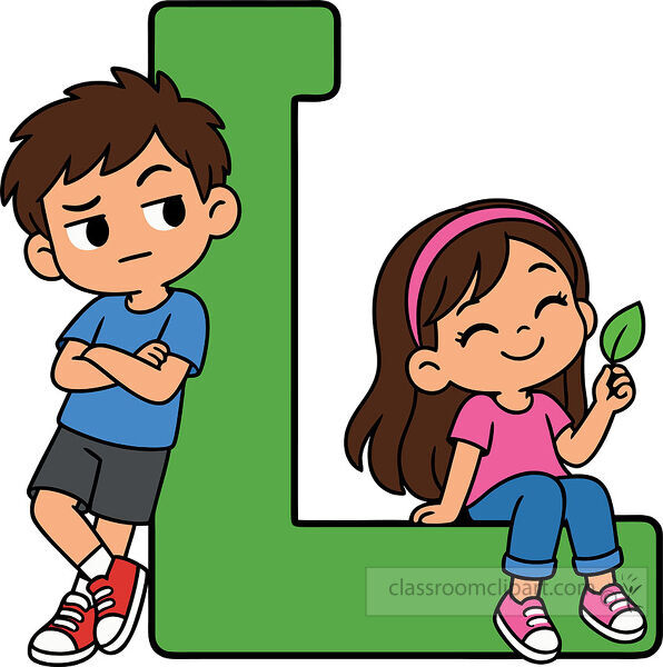Large green letter L with a boy leaning against the side and a smiling girl sitting on the bottom holding a green leaf