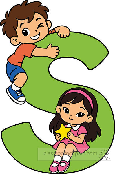 Large green letter S with a smiling boy hugging the upper curve and a seated girl holding a yellow star below