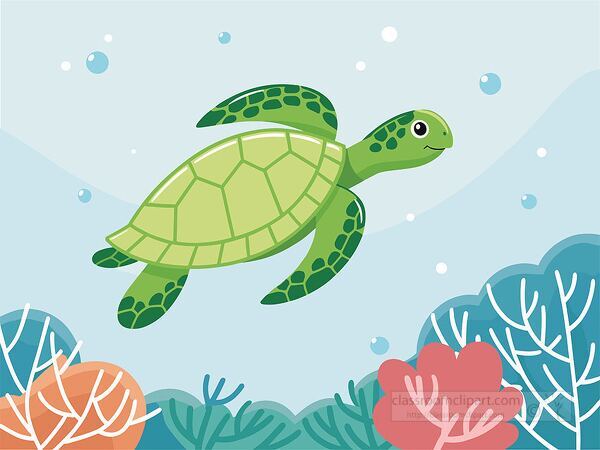 Cartoon green sea turtle swimming underwater with coral and bubbles vector illustration clipart for marine biology education and ocean studies