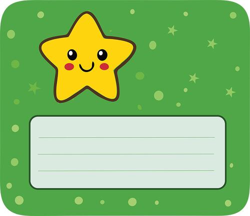 A green background label with a cute yellow star and glowing stars in the background