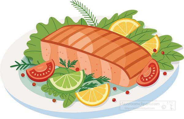 A plate of grilled salmon with fresh vegetables citrus slices and herbs arranged around the fish