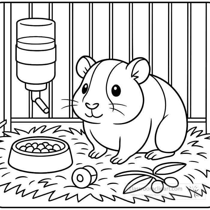 coloring page of a pet guinea pig inside a cage with food and water setup