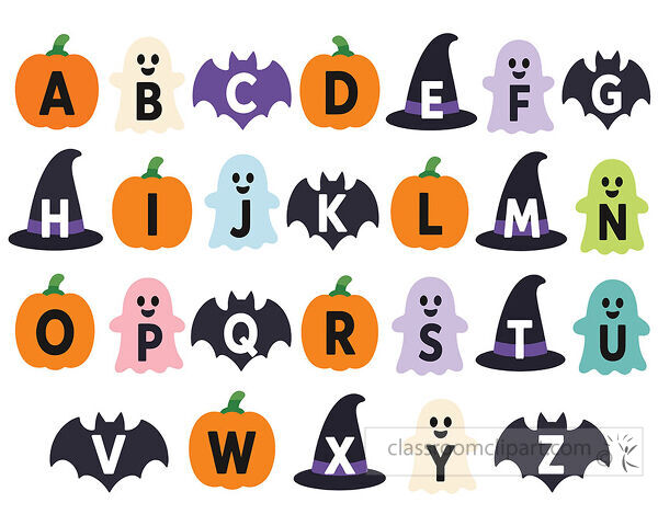 Halloween alphabet with letters on pumpkins ghosts bats witch hats candy corn and a haunted house