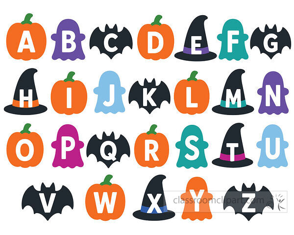 Halloween alphabet with letters on pumpkins ghosts bats and witch hats in spooky bright colors