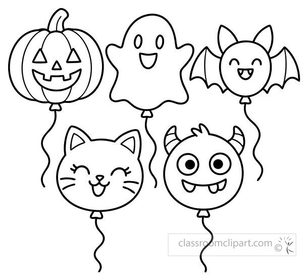 Five Halloween character balloons shaped like a pumpkin ghost bat cat and horned monster with curling strings