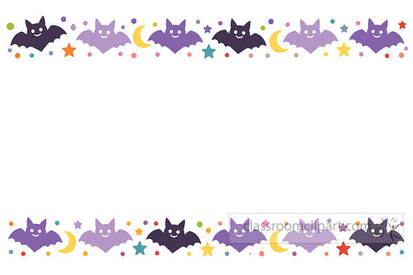Halloween bat border with repeating purple and black bats crescent moons stars and colorful confetti dots