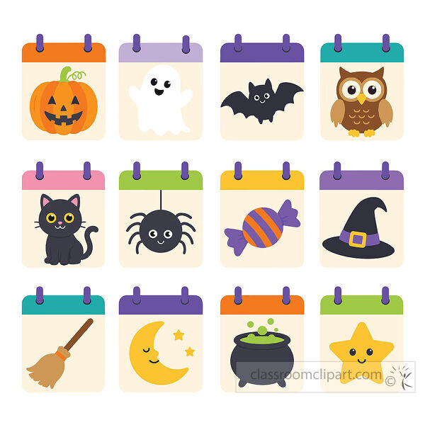 Halloween calendar cards showing a pumpkin ghost bat owl cat spider candy witch hat broom moon cauldron and star