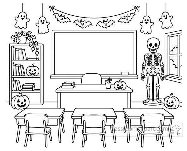 Black and white coloring page of a classroom decorated with ghosts bats pumpkins and a standing skeleton
