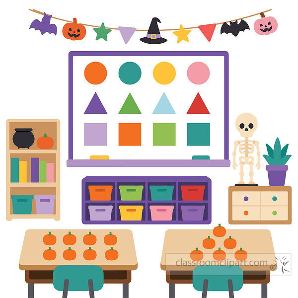 Halloween classroom features colorful shape lessons pumpkin counting tables storage bins skeleton books and festive bunting
