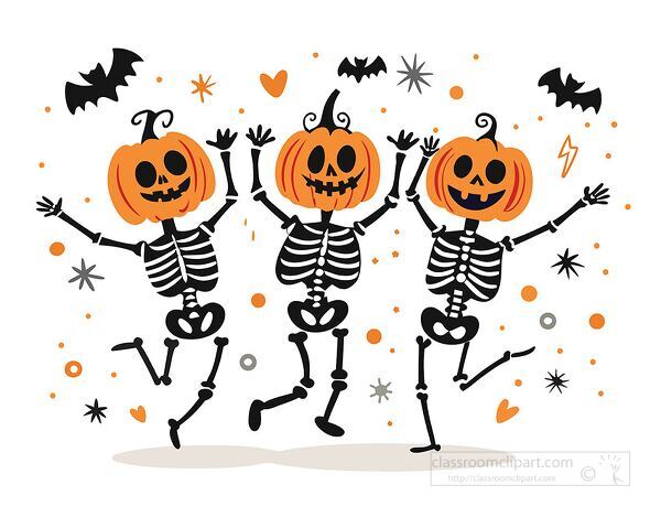 Playful clipart illustration of three skeletons with pumpkin heads dancing surrounded by bats and stars perfect for Halloween party art