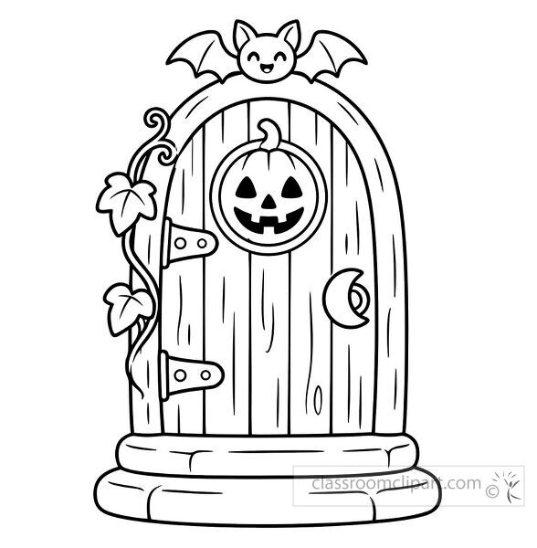 Rounded Halloween door with pumpkin decoration smiling bat crescent handle climbing vines and wooden plank details