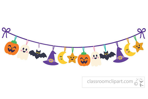 Halloween garland on a purple string with pumpkins ghosts bats witch hats moons and stars