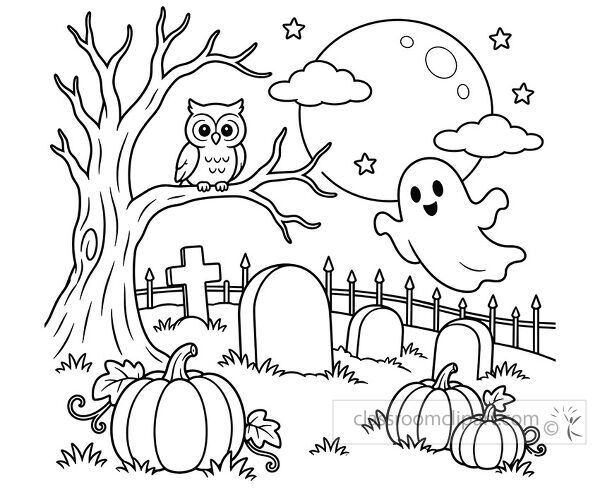 Black and white coloring page of a graveyard with tombstones pumpkins an owl in a tree and a smiling ghost