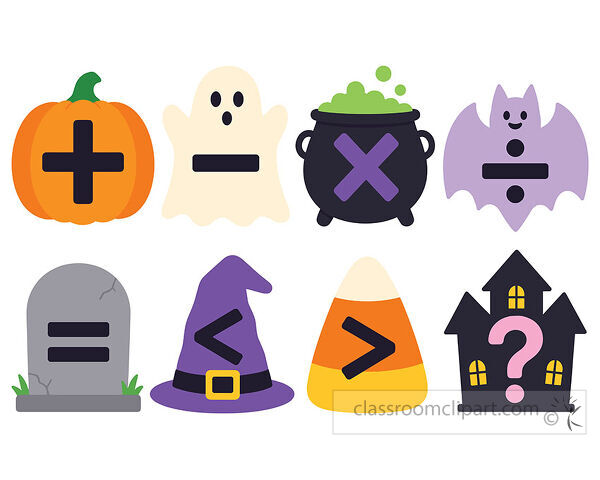 Halloween math symbols shown on pumpkins ghost cauldron bat gravestone witch hat candy corn and haunted house