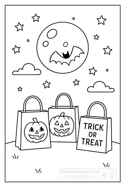 Spooky Halloween coloring page showing trick or treat bags with pumpkin faces under a big moon with stars and a flying bat