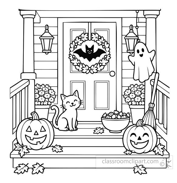 Detailed Halloween porch coloring page with two smiling pumpkins a hanging ghost and cats