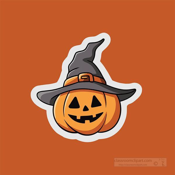 Cute clipart of a Halloween pumpkin jack o lantern wearing a witch hat great for stickers and greeting cards