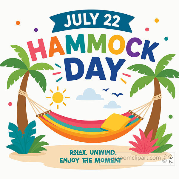 A relaxing Hammock Day clipart scene with palm trees a colorful hammock sunshine clouds and tropical leaves