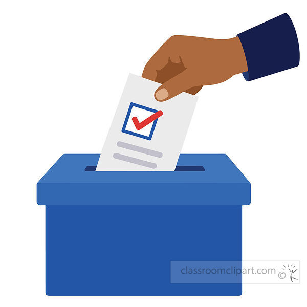 Hand placing a checked paper ballot into a blue ballot box with white background