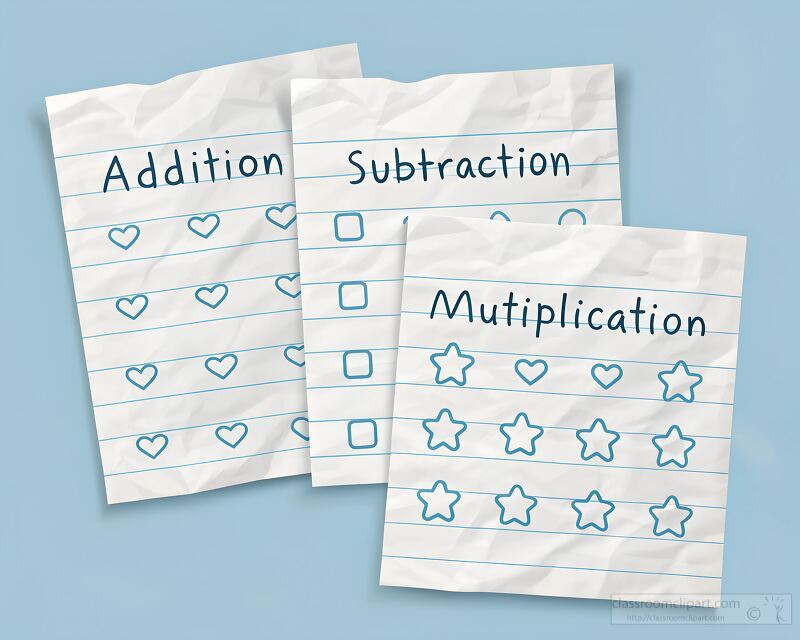 Several crumpled hand drawn notes display various math operations like addition subtraction and multiplication.