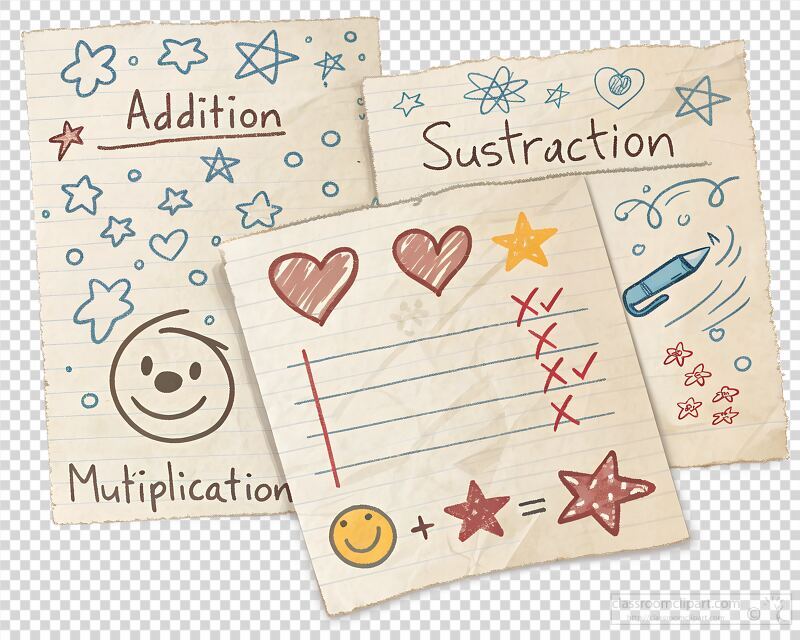 Colorful crumpled paper notes present basic math concepts like addition and subtraction featuring doodles and cheerful drawings that inspire a love for learning.