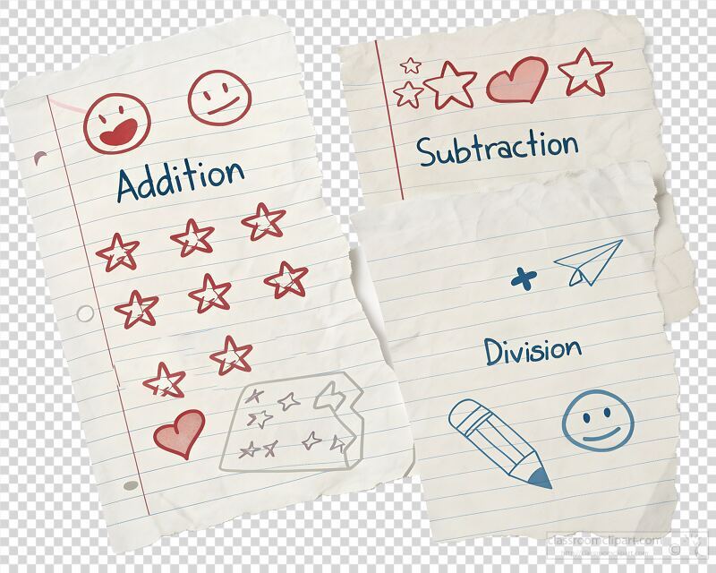 Several hand drawn slightly crumpled papers display playful symbols for math operations like addition subtraction and division. Each section features cheerful doodles and expressive faces.