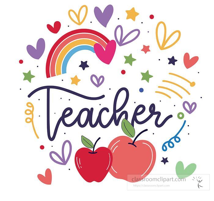 teacher appreciation design featuring the word teacher surrounded by colorful hearts stars rainbow and apples great for school events and teacher gifts