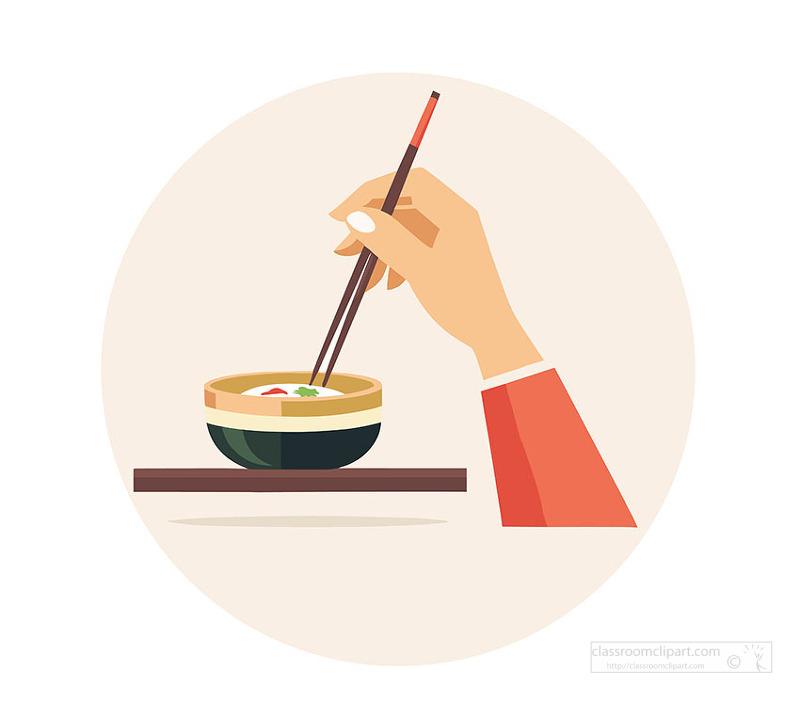 Close up of hand holding chopsticks above bowl of Asian food